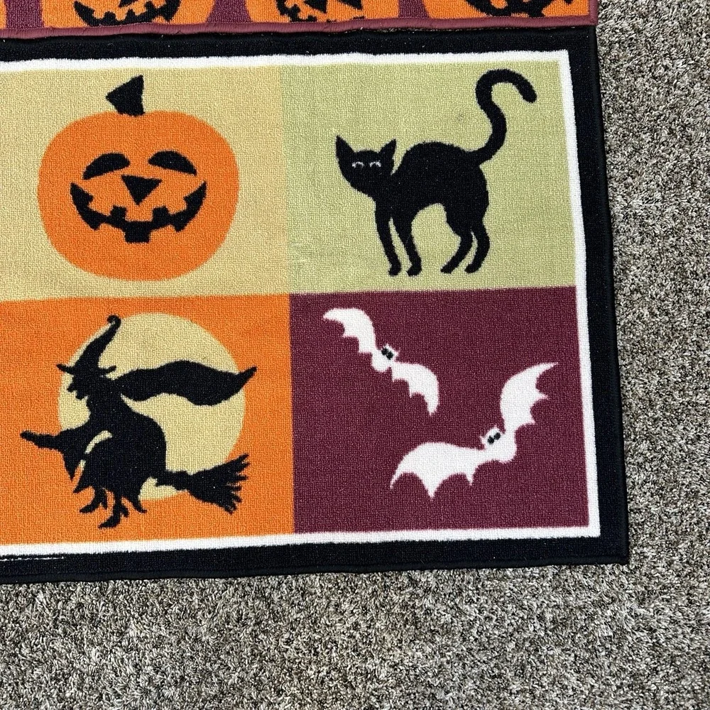 Lot of 2 Halloween Accent Rugs Doormats Pumpkins, Ghosts, Witch, Black Cat 45x26